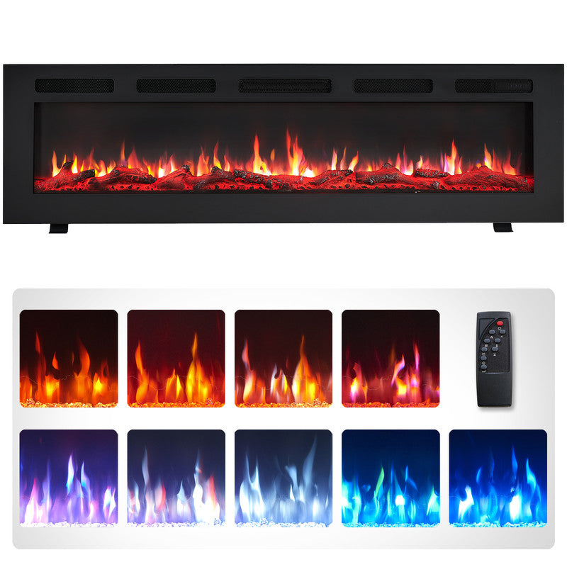 BETELNUT 60" Electric Fireplace Wall Mounted And Recessed With Remote Control, 750/1500W Ultra-Thin Wall Fireplace Heater W/Timer Adjustable Flame Color And Brightness, Log Set & Crystal Options