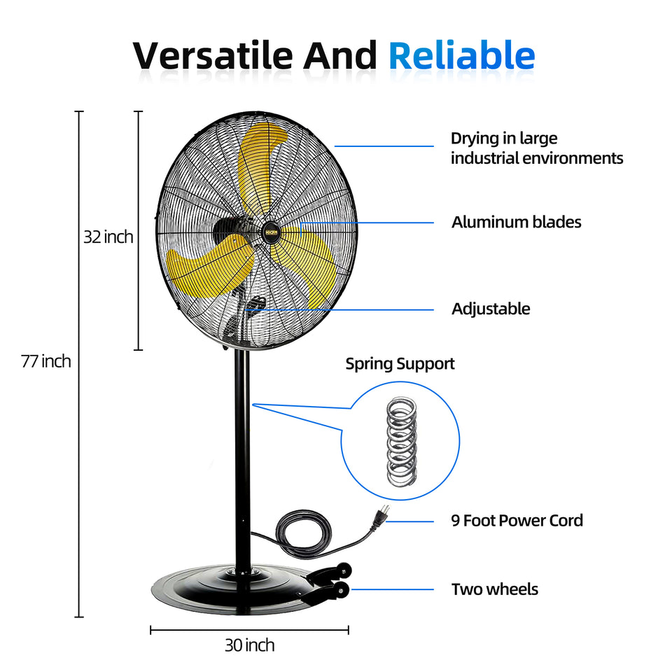 30 in Yellow Heavy-Duty High-Speed Floor-Standing Oscillating Fan with Powerful 1/3 Motor for Commercial or Industrial