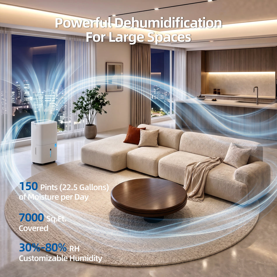 150 pt. 7,000 sq.ft. Dehumidifier in White with Pump, Auto Defrost, Dry Clothes Function, 24 H Timer