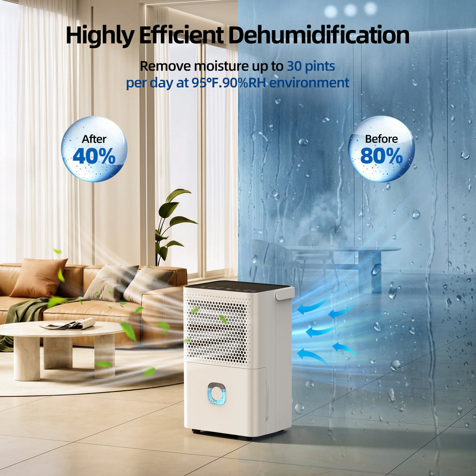 30 pt. 1,500 sq.ft. Portable Dehumidifier in White with Auto Defrost, Activated Carbon Filter, Timer, Automatic Shutoff