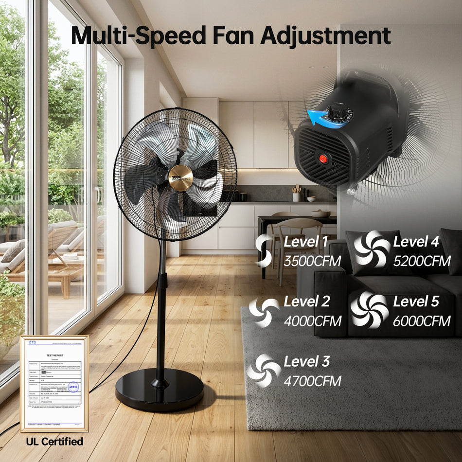 20 in. 5-Speed Pedestal Fan in Black, with 90° Auto Oscillation, with High Velocity, Adjustable Pole Height