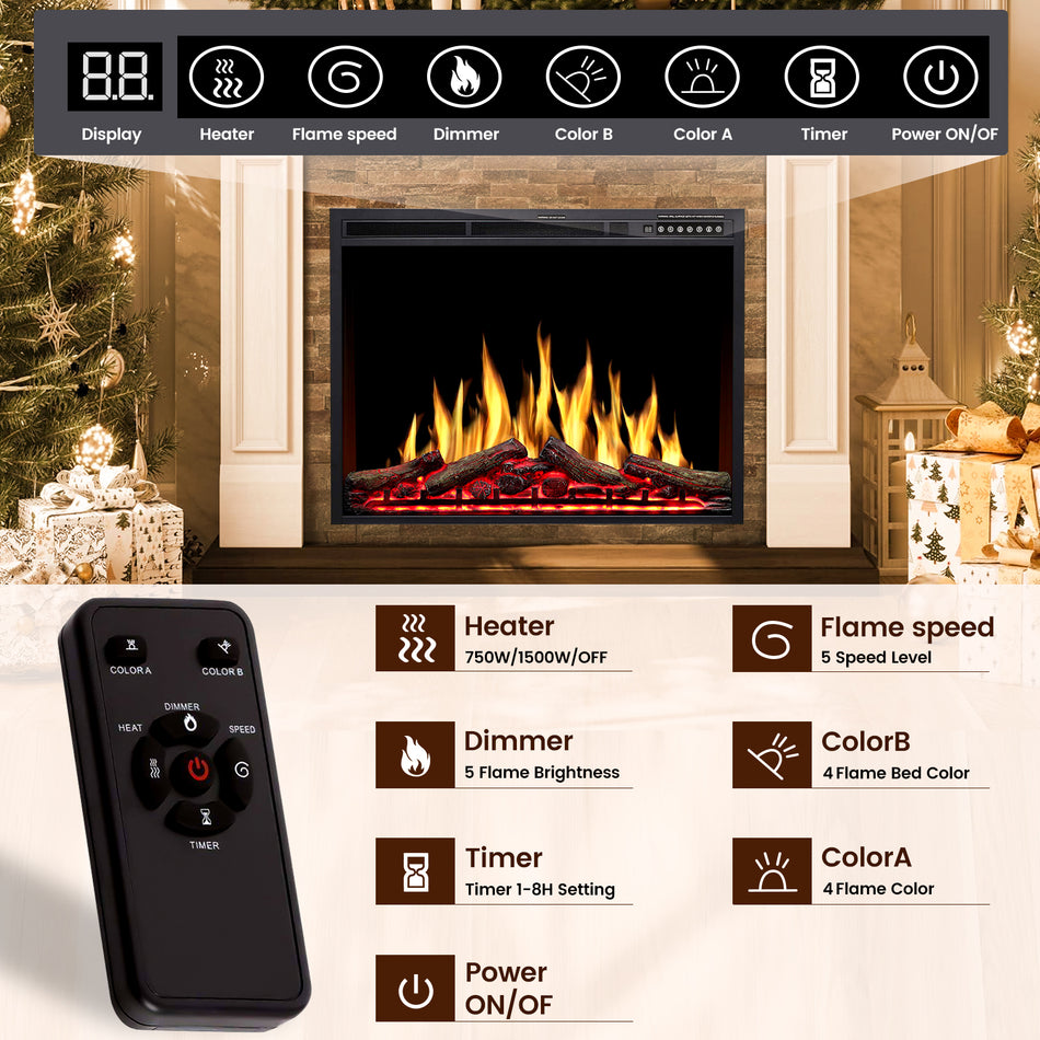 34 in. Ventless Electric Fireplace Insert, Remote Control