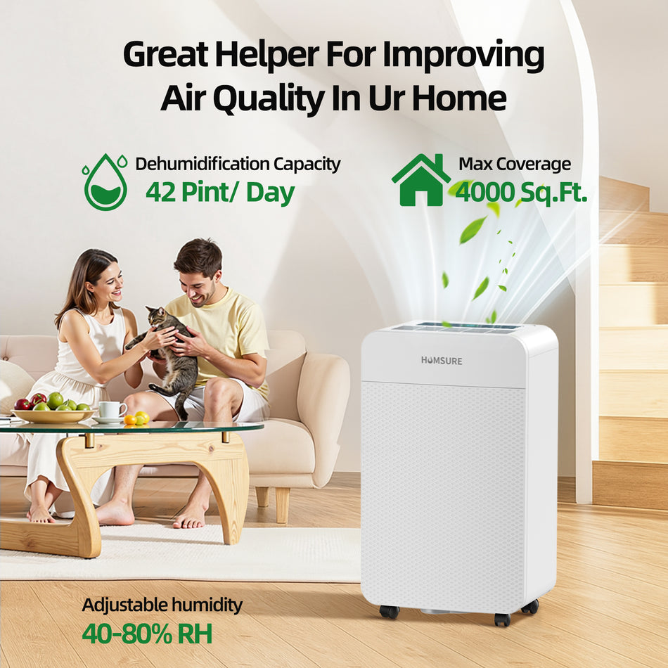 42 pt. 4,000 sq. ft. Dehumidifier in. White with Drain Hose, Large Bucket, Child Lock, Low Noise, Dehumidify Efficiently