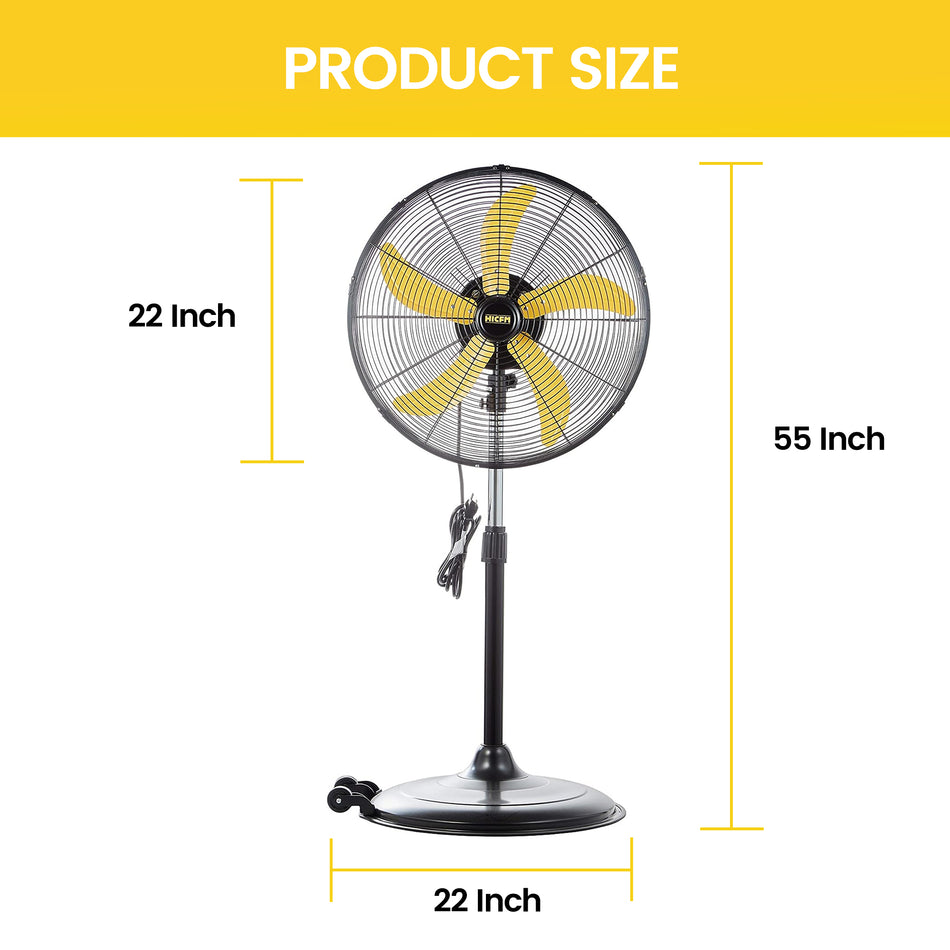 20 in. 3-Fan Speeds Pedistal Fan in Yellow with Powerful 1/3 HP Motor, Commercial or Industrial Fan