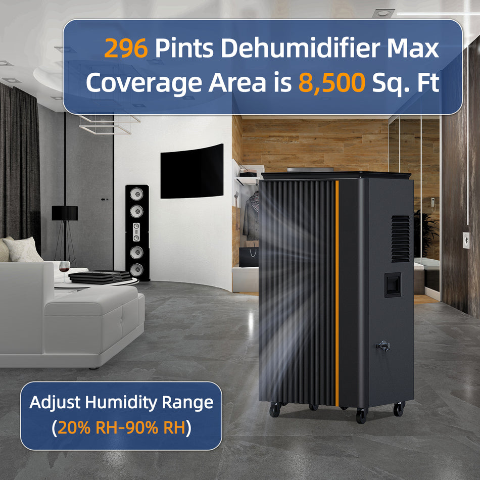 296 pt. 8,500 sq.ft. Commercial Dehumidifier with Pump Drain Hose, Dehumidifier for Laboratory, Large Air Inlet