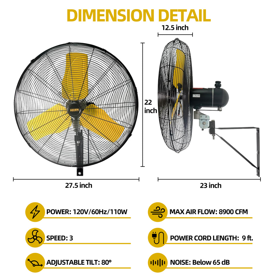 24 in. 3-Speeds Outdoor Wall Mounted Fan in Yellow with IP44 Enclosure Motor, Sealed Control Box, GFCI Plug