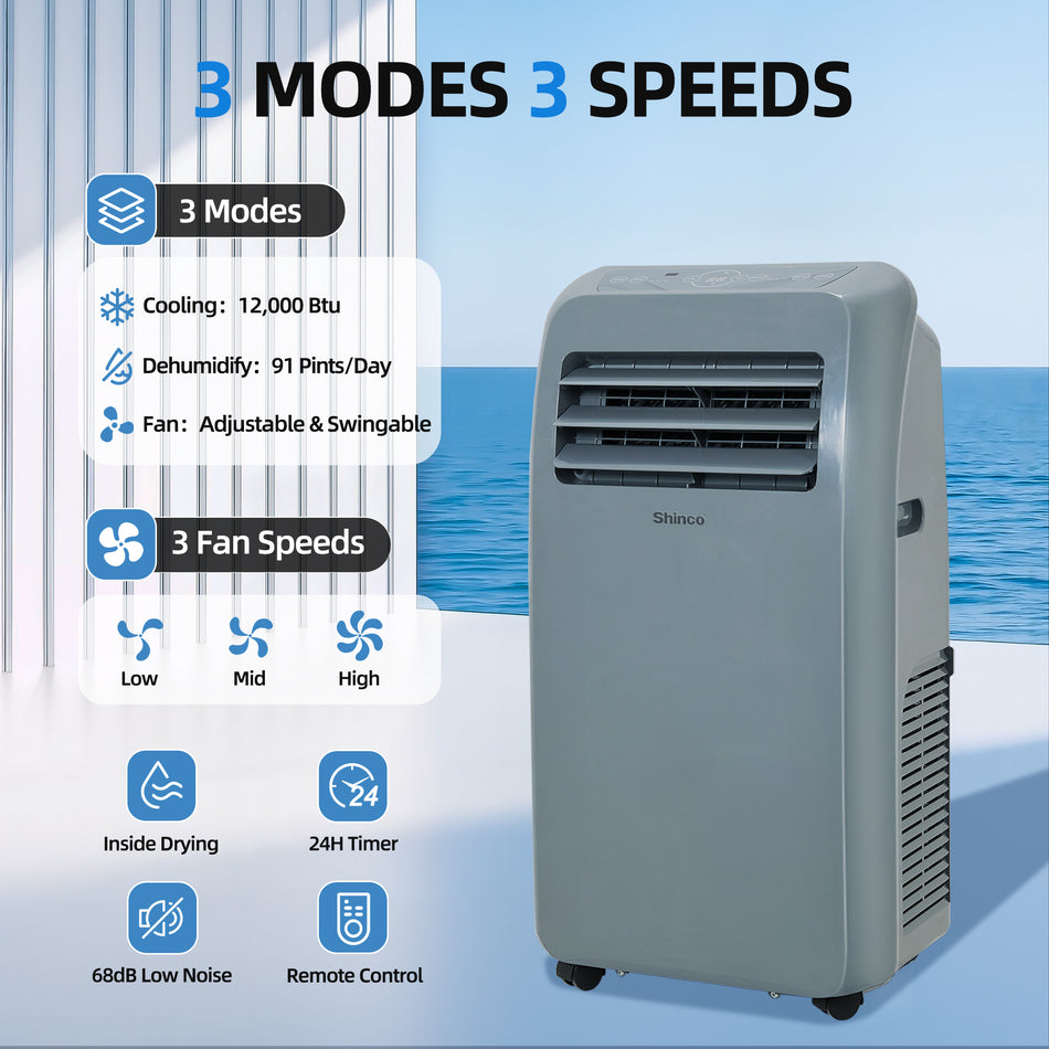 12,000 BTU (7,800 BTU DOE) Portable Air Conditioner Cools 450 sq. ft. with Dehum & Remote, Swing, 3-Speed Fan
