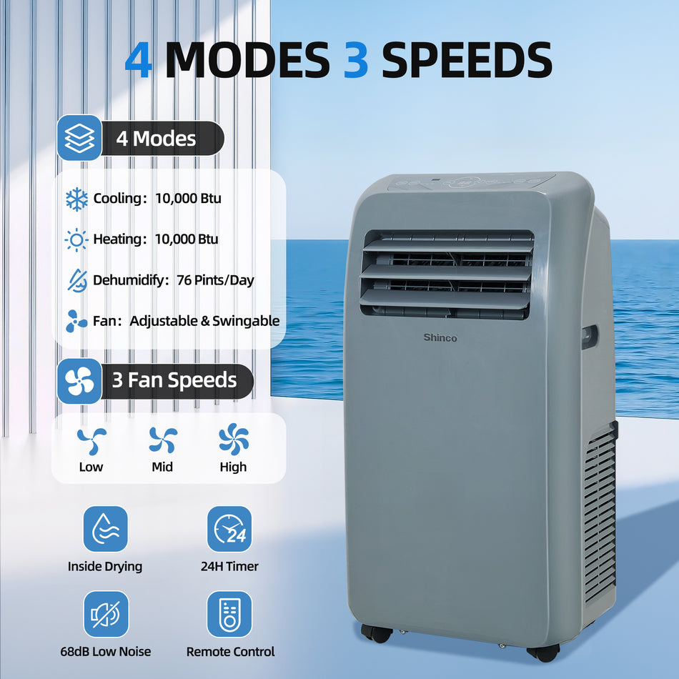 10,000 BTU (6,450 BTU DOE) Portable Air Conditioner Cools 400 sq. ft. with Heater, Dehum & Remote, 3-Speed Fan