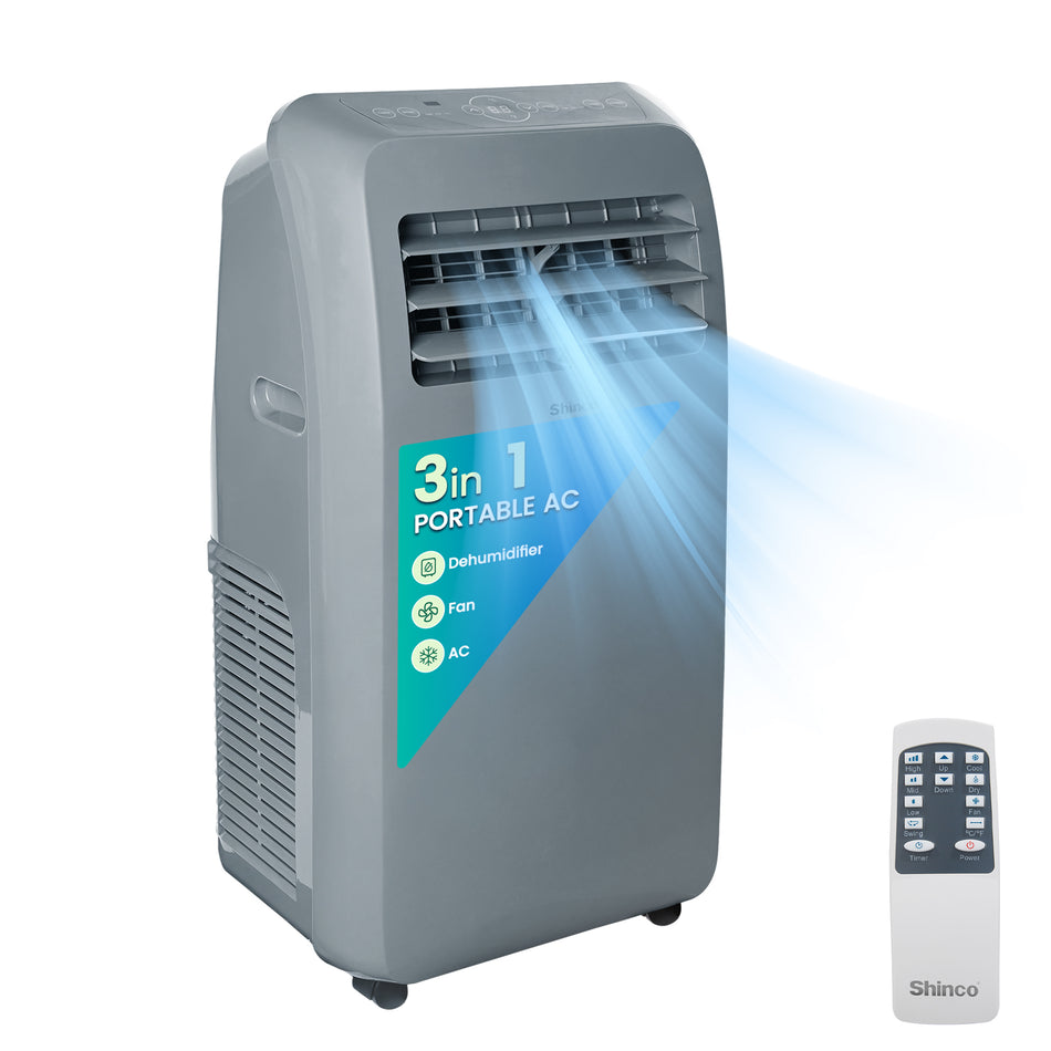 12,000 BTU (7,800 BTU DOE) Portable Air Conditioner Cools 450 sq. ft. with Dehum & Remote, Swing, 3-Speed Fan