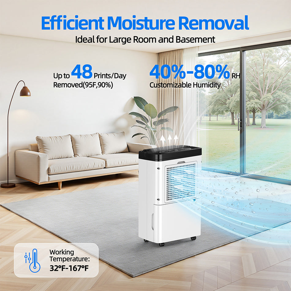 48 pt. 4,500 sq. ft. Dehumidifier for Home in. White with Drain Hose, Bucket for Basement, with Sleep Mode, 24H Timer