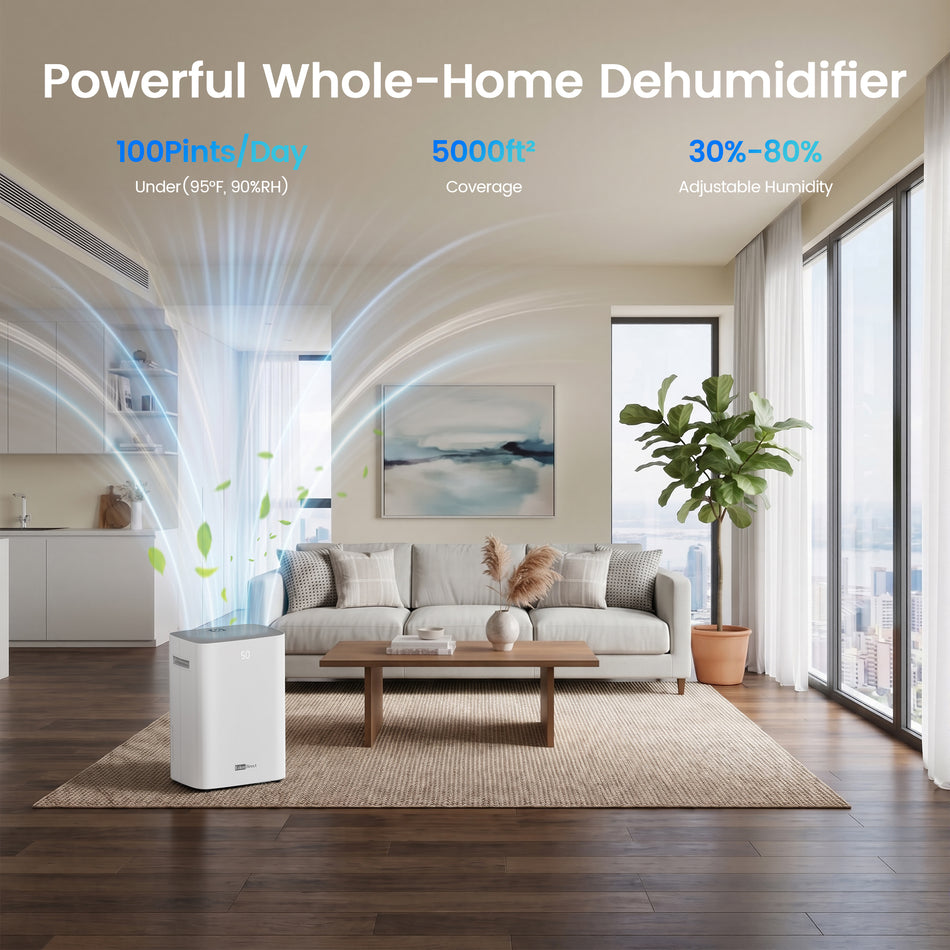 100 pt. 5000 sq. ft. Dehumidifier for Basement in White, w/6.5L Tank, Drain Hose for Garage, Child Lock, Quiet Drying