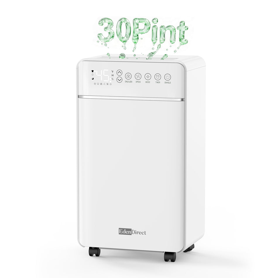30-Pint 3,000 Sq. Ft. Dehumidifier for Basement with Bucket and Drain Hose, Auto Defrost, Auto Shut-Off, Sleep Mode, White