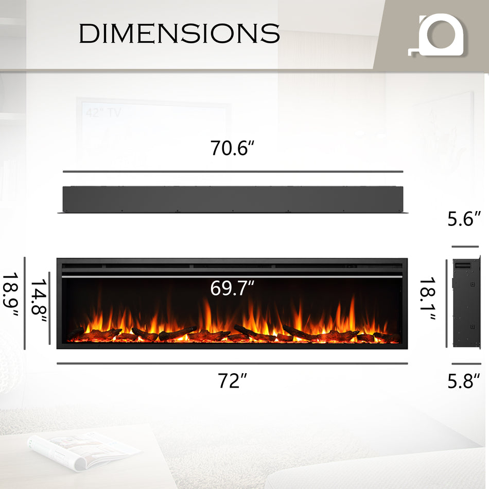 72 Zoll großer elektrischer Wandeinbau- und Wandkamin