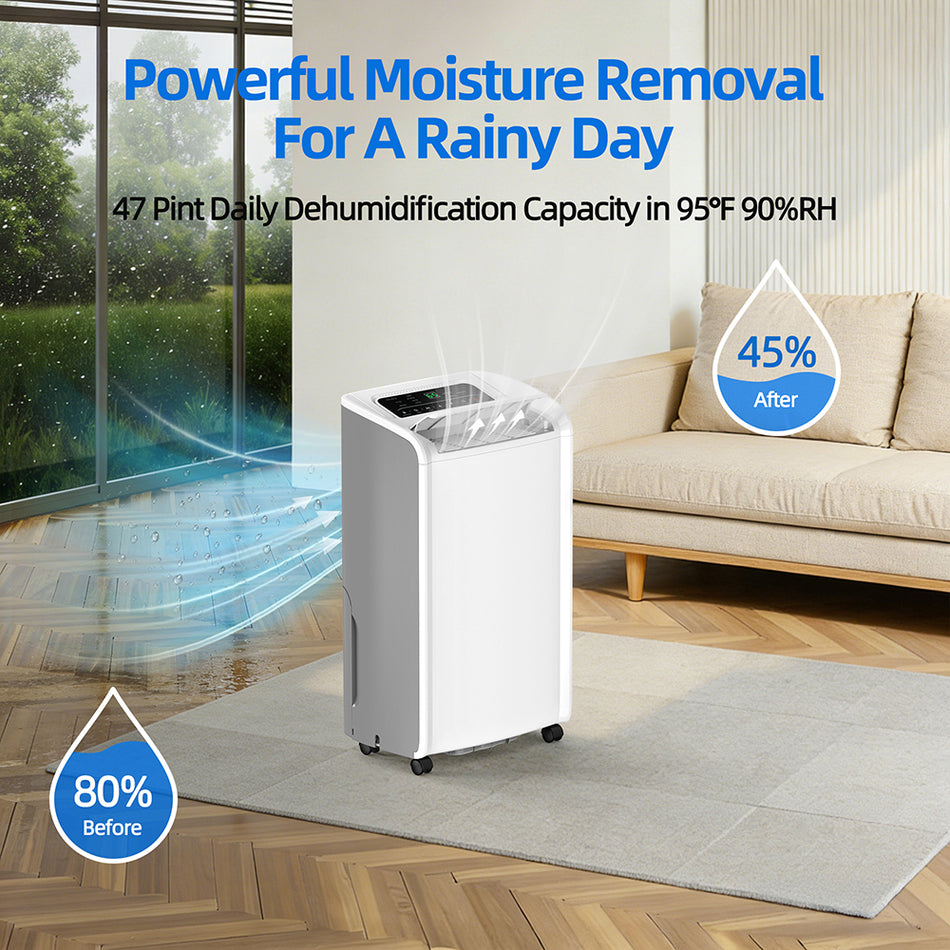 47 pt. 4,500 sq. ft. Portable Dehumidifier in. White with Drain Hose for Basement, with Anion, Child Lock, Auto defrost