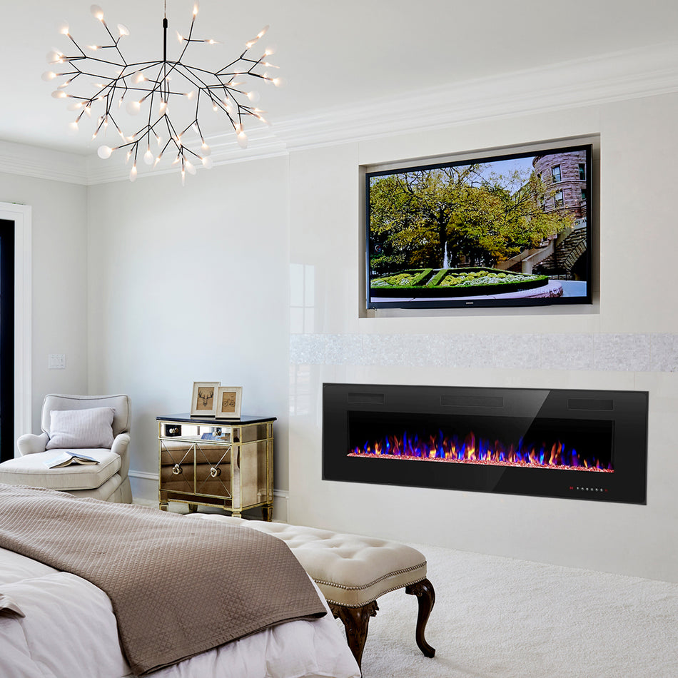 68 in. Wall Mounted Electric Fireplace in Black, Low Noise, Remote Control, Timer, Touch Screen