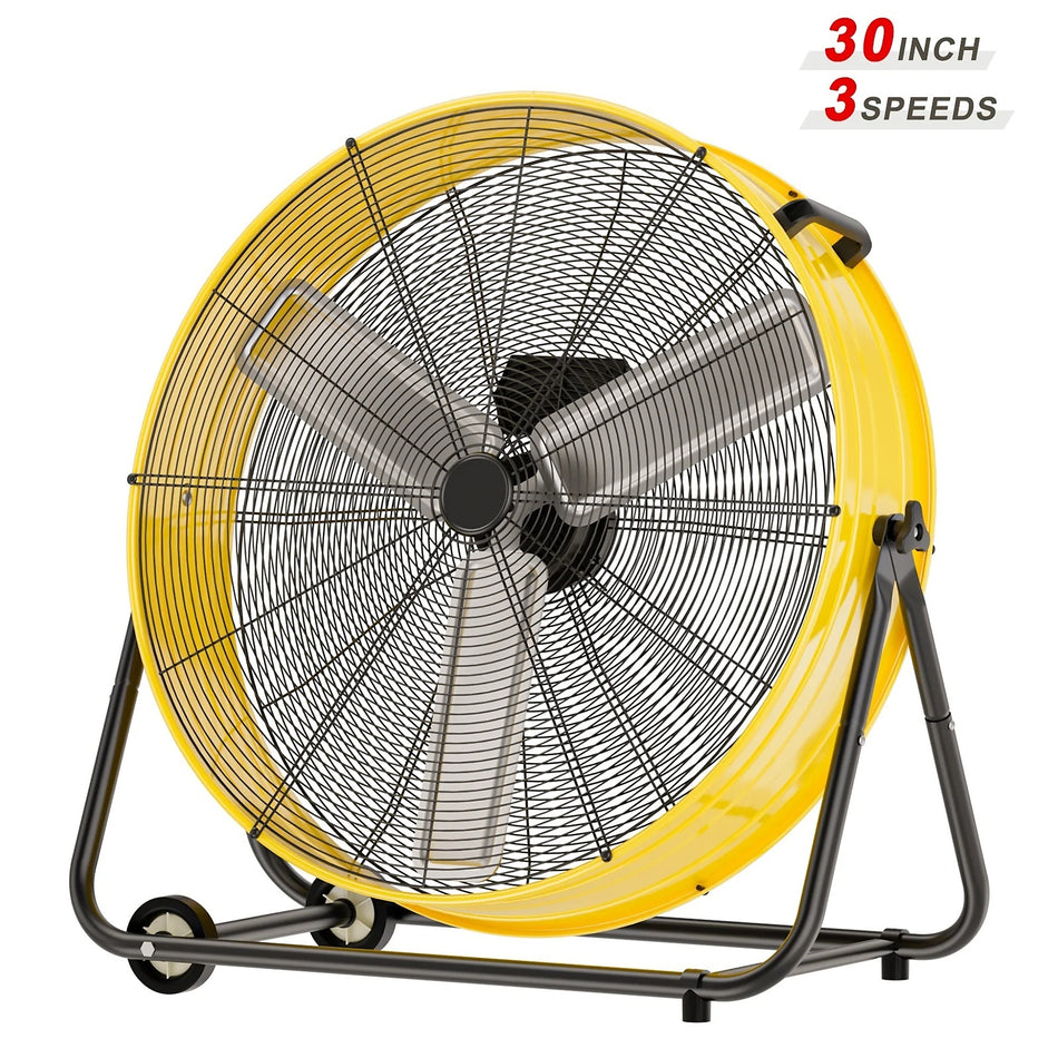 30 Inch 3-Speed 13000 CFM 360° Tilt Industrial Drum Floor Fan with Casters & Handle