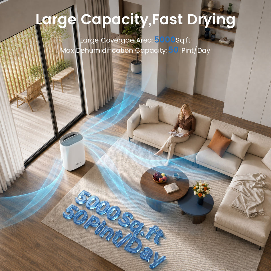 50 pt. 4,000 sq. ft. Dehumidifier in. White with Drain Hose, 1 Gal. Bucket, 45dB Quiet for Bedroom, Auto Defrost, Timer