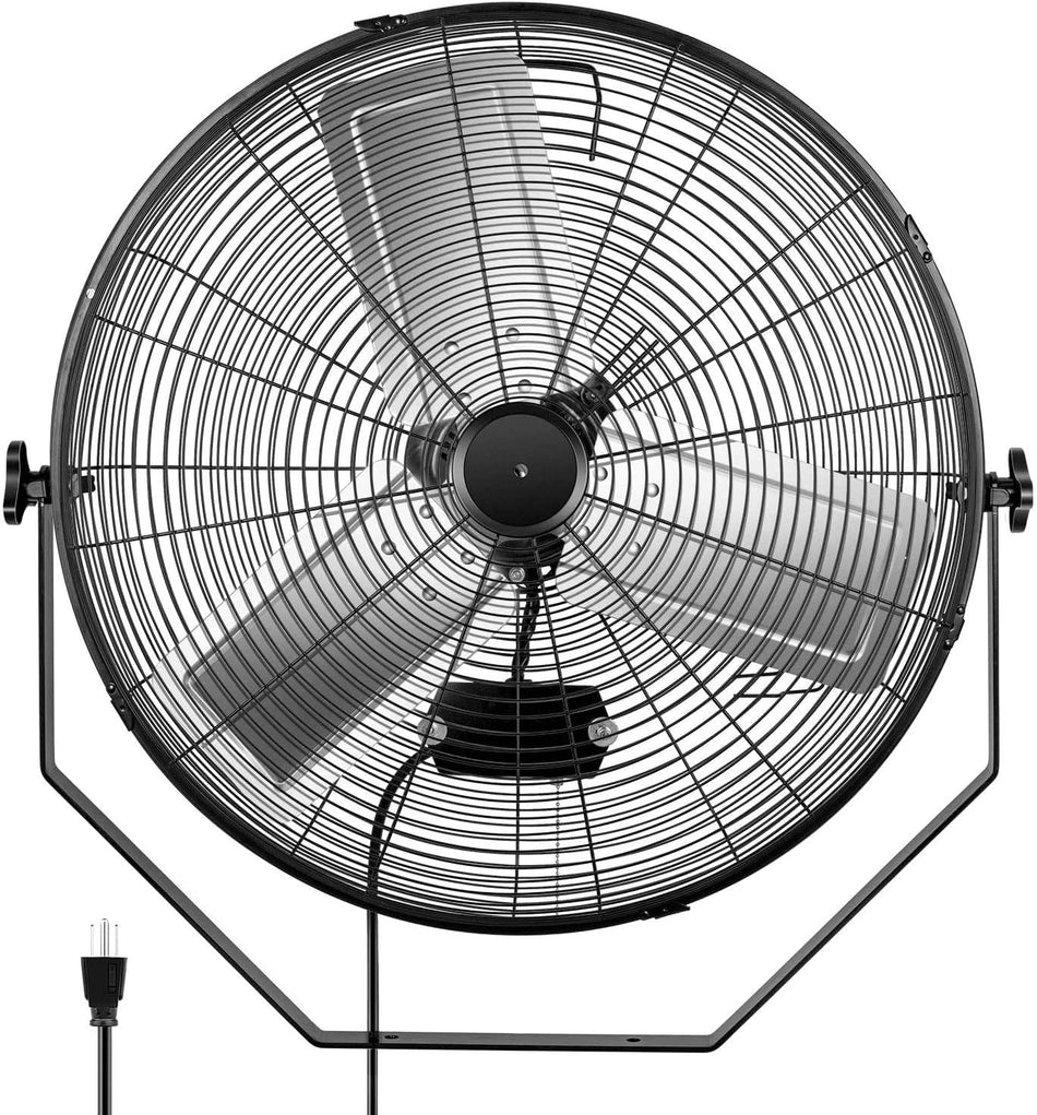 24 in. 3-Speed High Velocity Industrial Black Indoor Wall Mount Fan, 4800 CFM, 3 Blades, 360??Oscillating, Quiet, 1-Pack