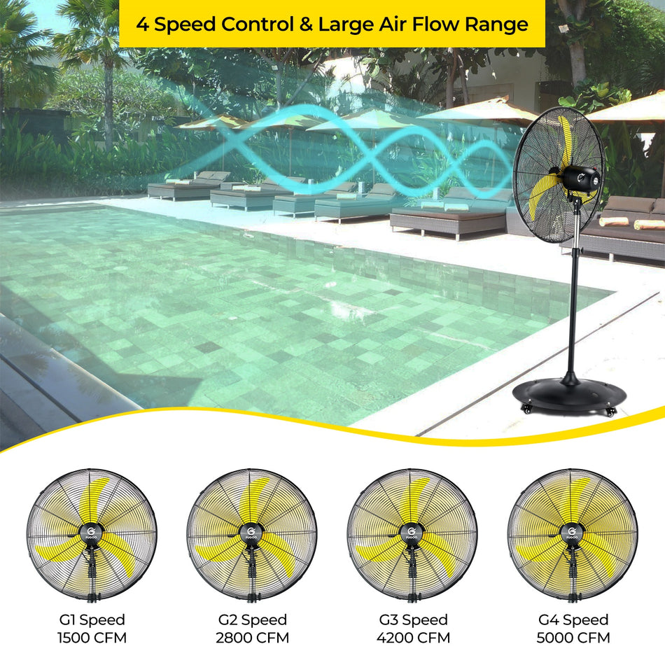 26 in. 4-Speed Outdoor Oscillating Pedestal Fan in Black, with 5000 CFM, Fully Sealed, Brushless DC, Waterproof