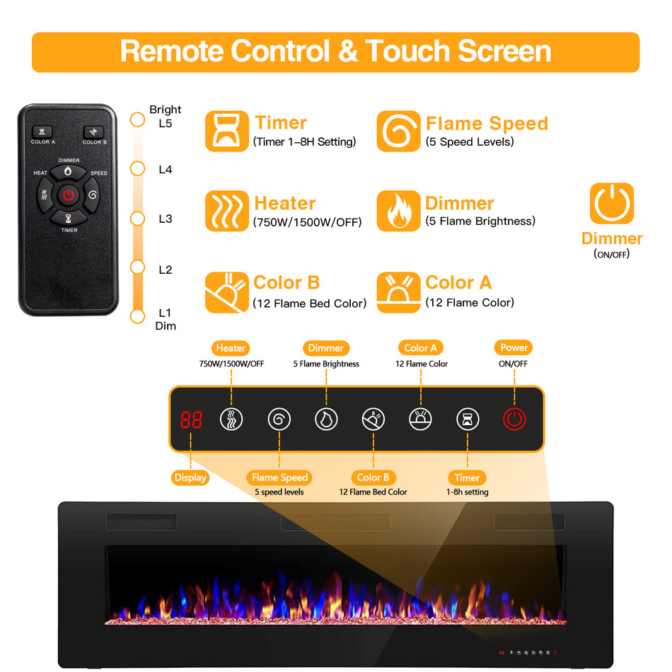 60 in. Wall Mounted Electric Fireplace in Black, Low Noise, Remote Control, Timer, Touch Screen