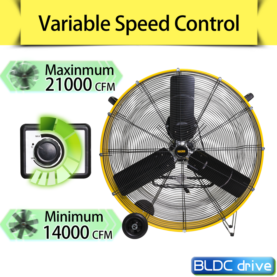 39 in. Variable Speed High Velocity Drum Fan in Yellow with Built-In Handle, Wheel, for Commercial or Industrial
