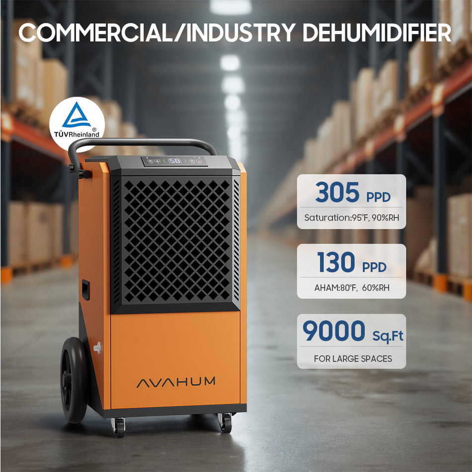 305 pt. 9000 sq. ft. Bucketless Commercial Dehumidifier in Orange with Pump, Drain Hose,Automatic Defrost,Continuous Run