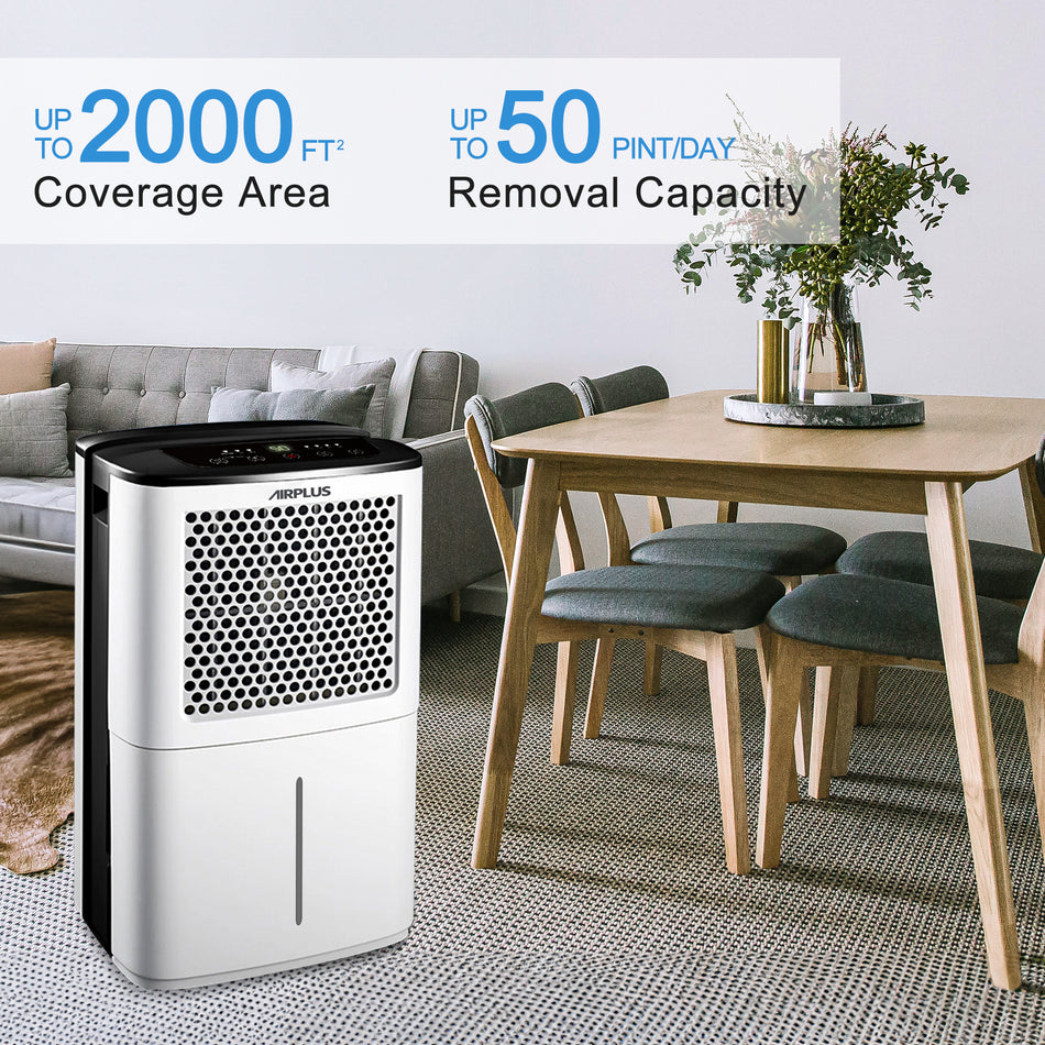 50 pt. 2,000 Sq. Ft. Dehumidifier with Bucket and Drain Hose for Basement, Garage, with Auto Defrost, 24H Timer in White