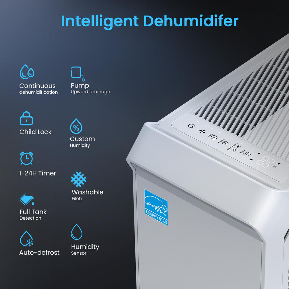 60 pt. 3500 sq. ft. Dehumidifier with Bucket, Continuous Drain, 3 Modes, Pump, and Smart Features in. White