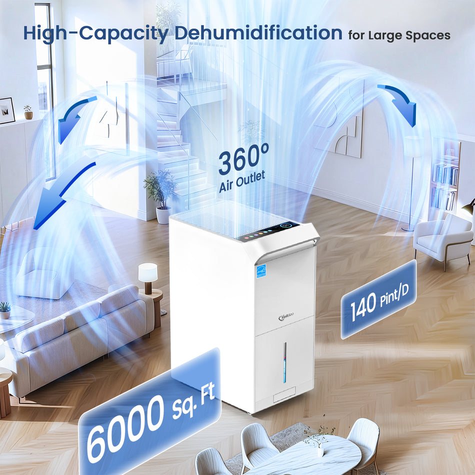 140 Pint, 6000 sq. ft. ENERGY STAR Most Efficient 2025 Dehumidifier for Basement & Large Spaces in White with Pump & Gravity Drain Hose, Washable Filter, 24-Hour Timer, Child Lock