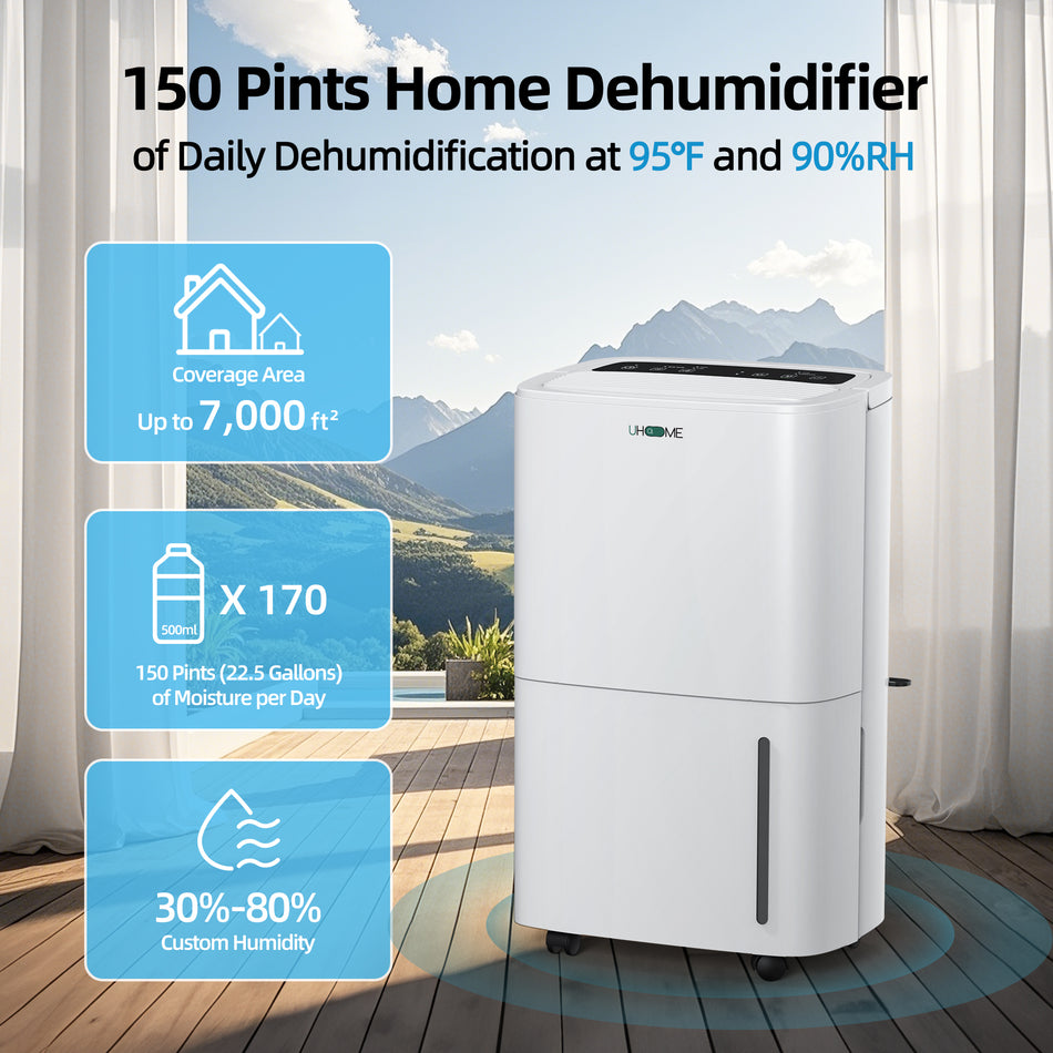 150 pt. 7,000 sq.ft. Dehumidifier in. White with Pump, Drain Hose and Bucket for Basement, Garage, Auto Defrost, Timer