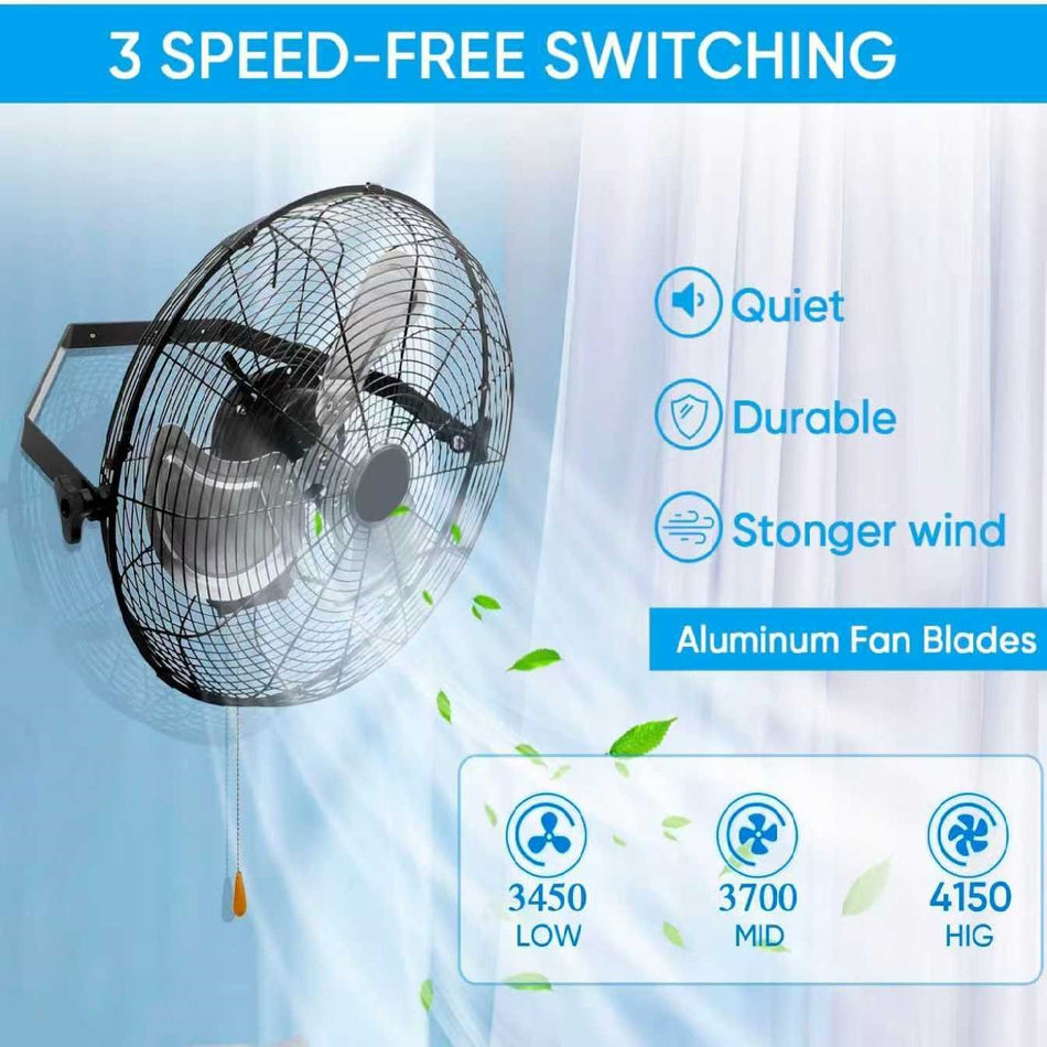18 in. 3-Speed Industrial Metal Wall Mount Fan in Black, with 360?? Tilt, High Velocity, Easy Installation