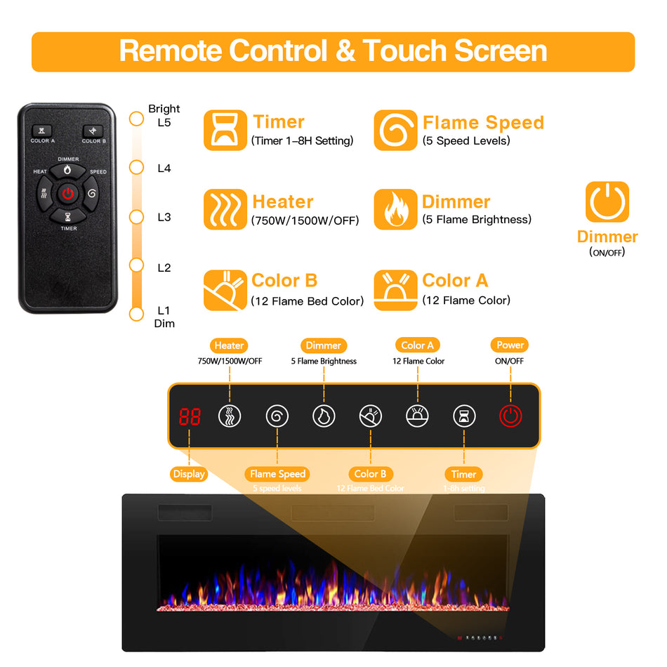 50 in. Wall Mounted Electric Fireplace, Remote Control