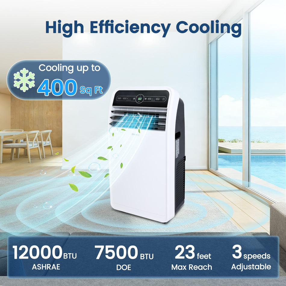 12,000 BTU (7,500 BTU DOE) Portable Air Conditioner Cools 400 sq. ft. Dehumidifier, 3 Fan Speeds & Smart Control