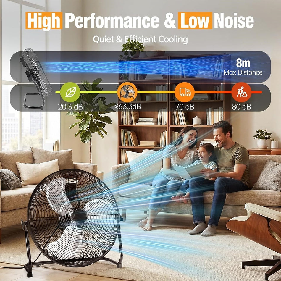 18'' 3-Speed 2661 CFM Industrial High-Velocity Floor Fan with 120° Adjustable Tilt & Carry Handle