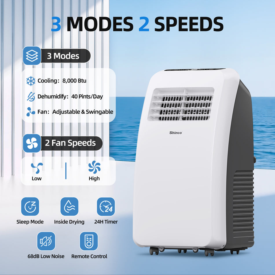 8,000 BTU (4,550 BTU DOE) Portable Air Conditioner Cools 350 sq. ft. with Dehumidifier, Speed-Control, Remote
