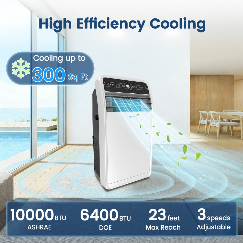 10,000 BTU (6,400 BTU DOE) Portable Air Conditioner Cools 300 sq. ft. Dehumidifier, 3 Fan Speeds & Smart Control