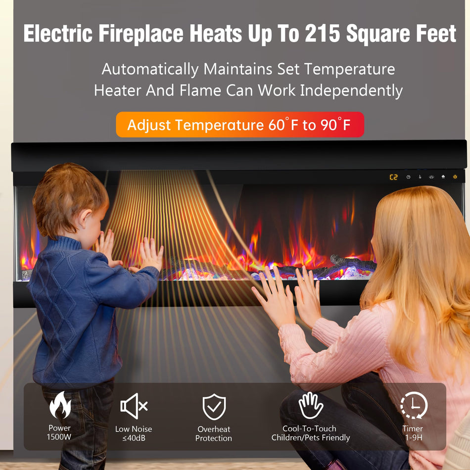 42 in. 3-Sided Freestanding Electric Fireplace Insert in Black with 13-Flame Colors,Heater,Remote Control and Smart App