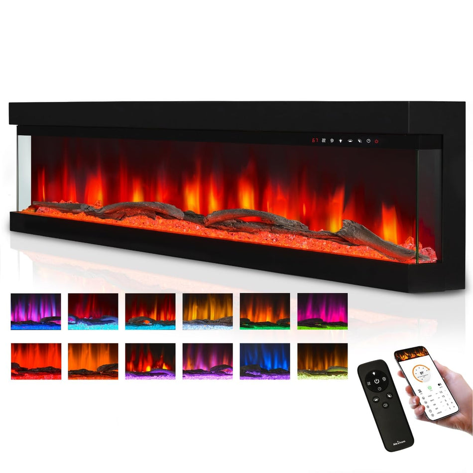 50 in. 3-Sided Freestanding Electric Fireplace Insert in Black with 13-Flame Colors,Heater,Remote Control and Smart App