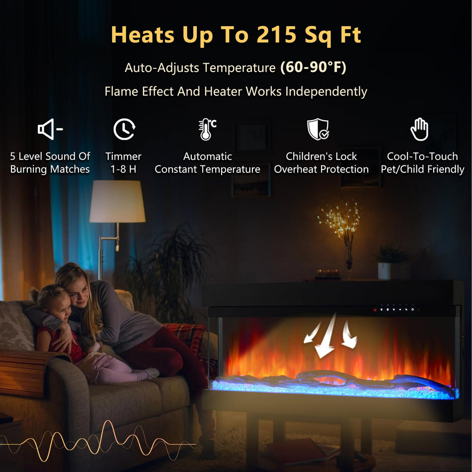 50 in. 3-Sided Freestanding Electric Fireplace Insert in Black with 13-Flame Colors,Heater,Remote Control and Smart App