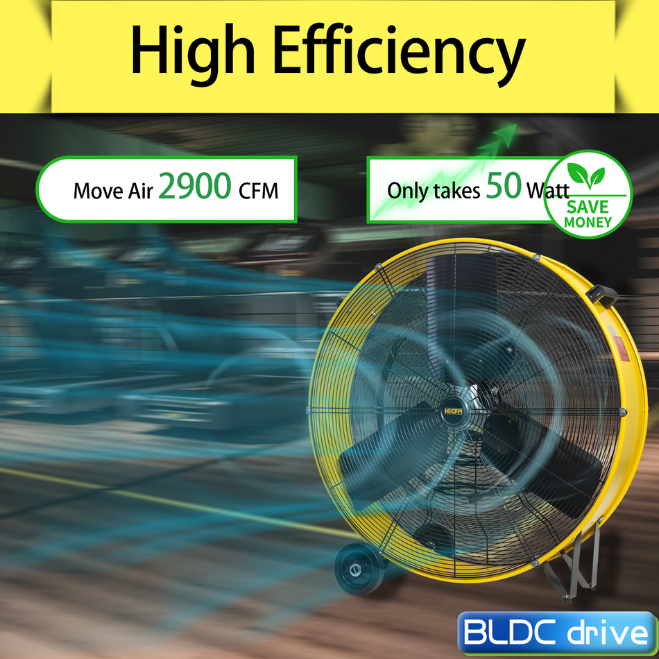 30 in. Heavy Duty Industrial DC Drum Fan in Yellow with Two Convenient Wheels, Variable Speed Industrial Fan