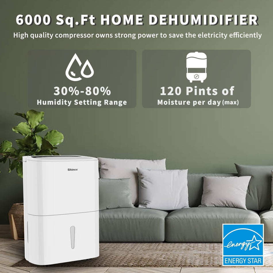 120 pt. 6,000 sq. ft. Dehumidifier in White with Quietly Remove Moisture, Auto Defrost, Dry Clothes Function, Timer