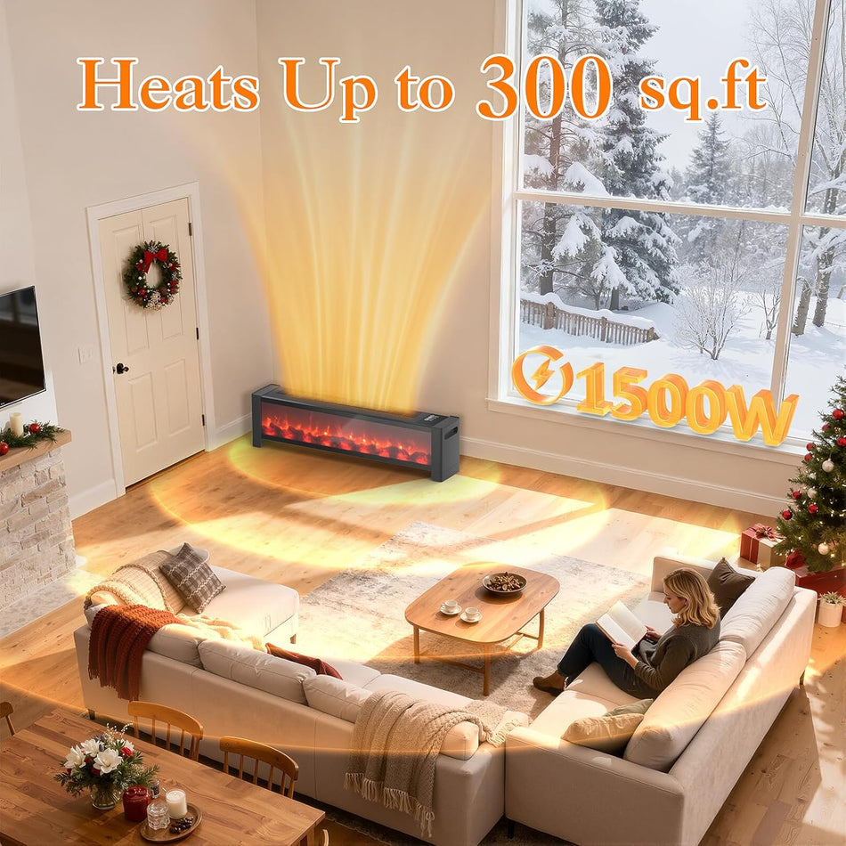 33.3in. 1500W Portable Electric Baseboard Heater,with Realistic 3D Flame,12H Timer,Thermostat,for Indoor Use,Black