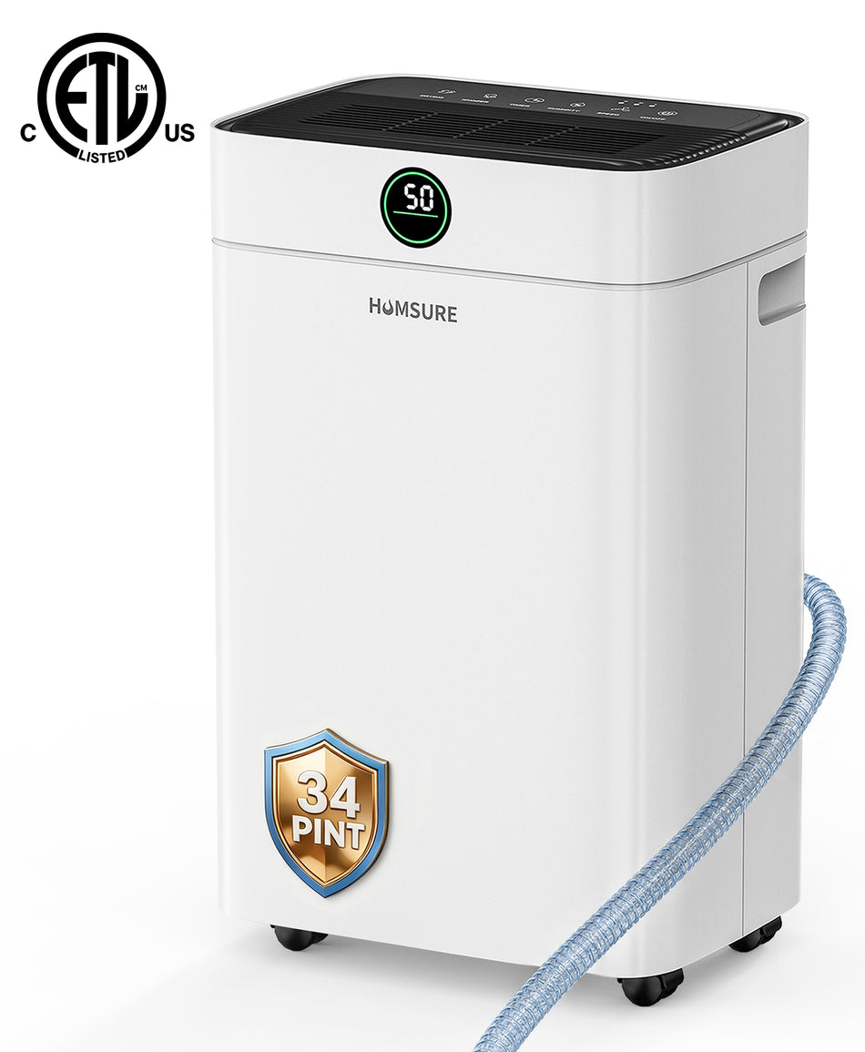34 pt. 2,500 sq. ft. Dehumidifier in White with Drain Hose and Bucket, Auto Defrost, Low Noise, Dehumidify Efficiently