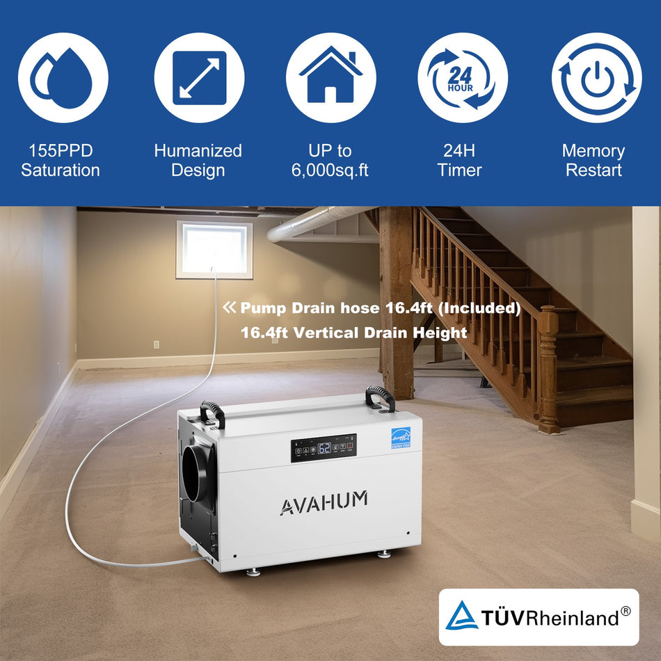 155 pt. 6000 sq. ft. Commercial Dehumidifier in. White with Energy Star, Auto Defrost, and 24H Timer