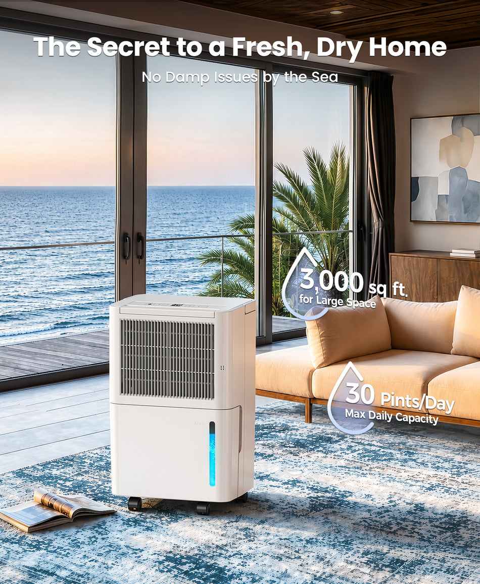 30 Pint Portable Dehumidifier For Basements , Bathrooms , Crawlspaces White