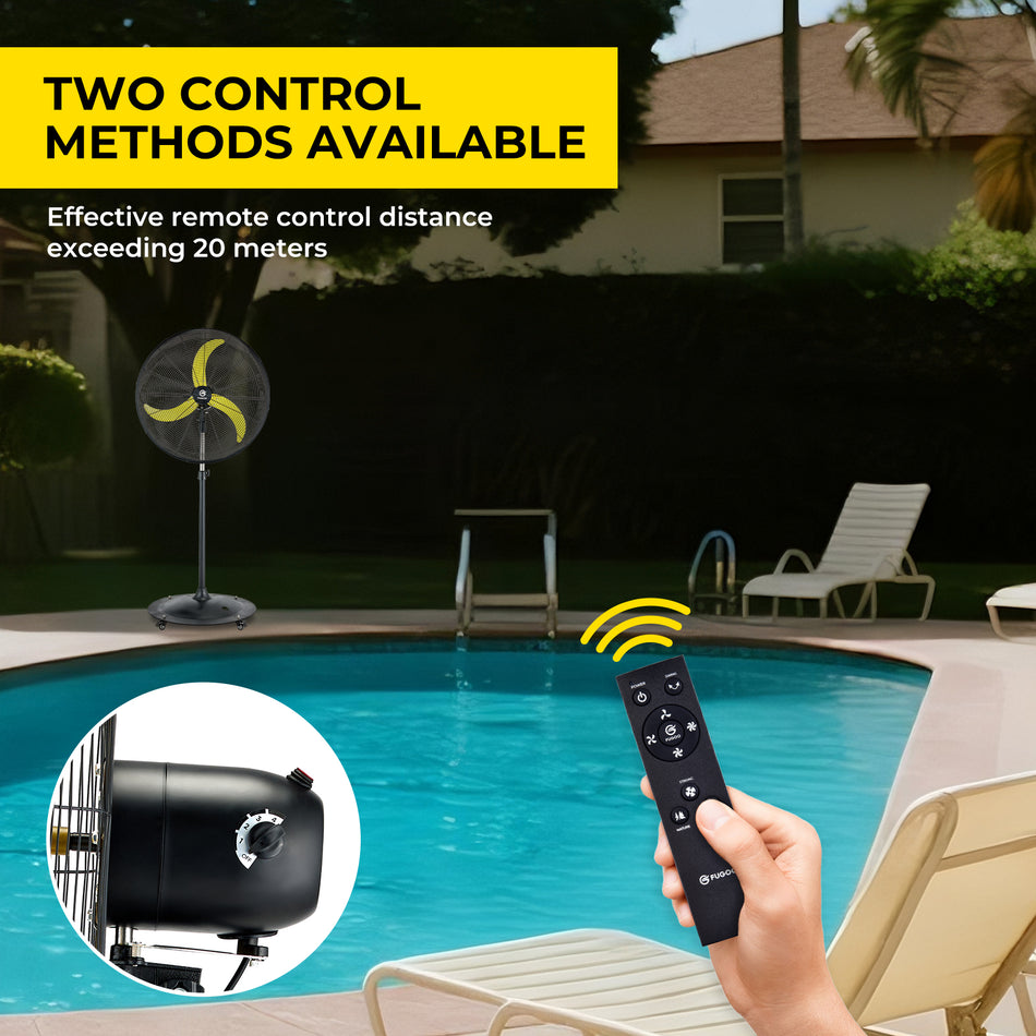 20 in. 4-speeds Heavy Duty High Velocity Pedestal Fan in Yellow with Manual and Remote Control, Adjustable Height,Wheels