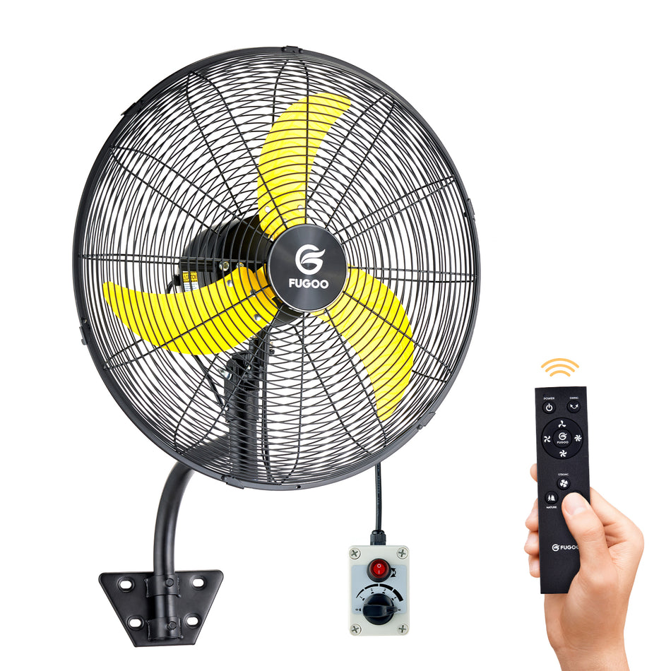 20 in. 4-Speed Oscillating Yellow Indoor/Outdoor Wall Mount Fan with Manual and Remote Control, Sleep Mode, Low Noise