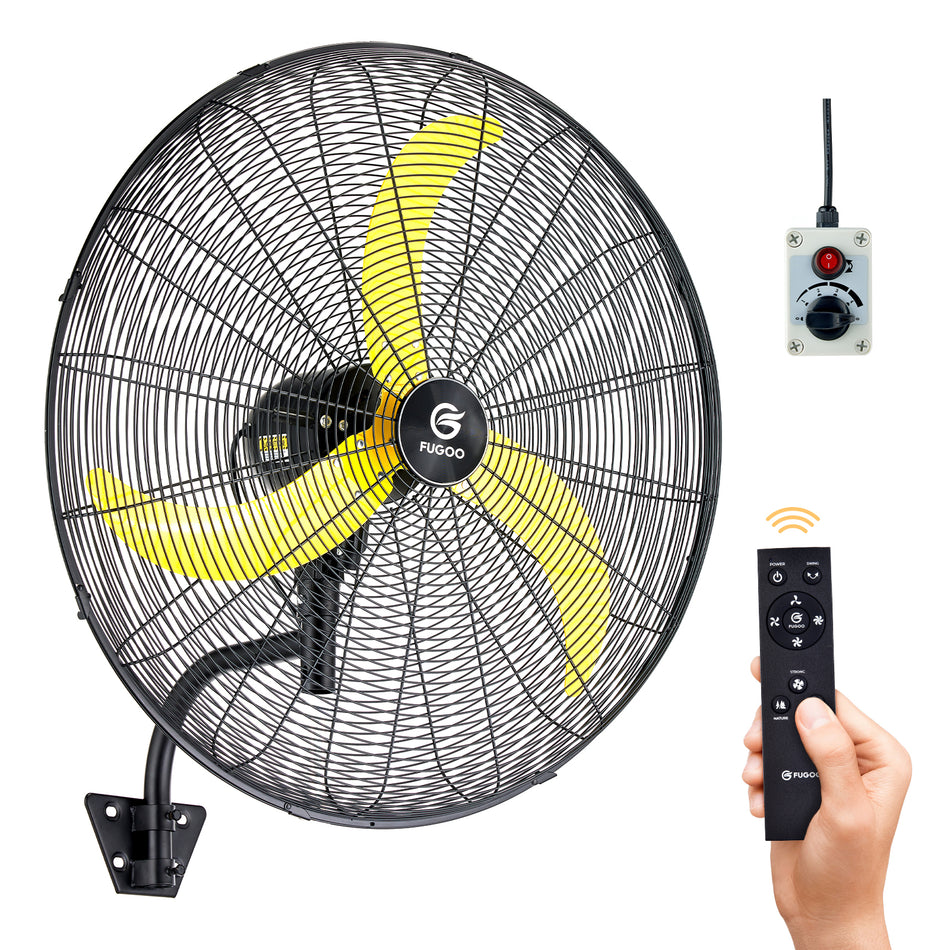 30 in. 4-Speed 90?? Oscillating High Velocity Yellow Indoor/Outdoor Wall Mount Fan, Manual and Remote Control, Sleep Mode