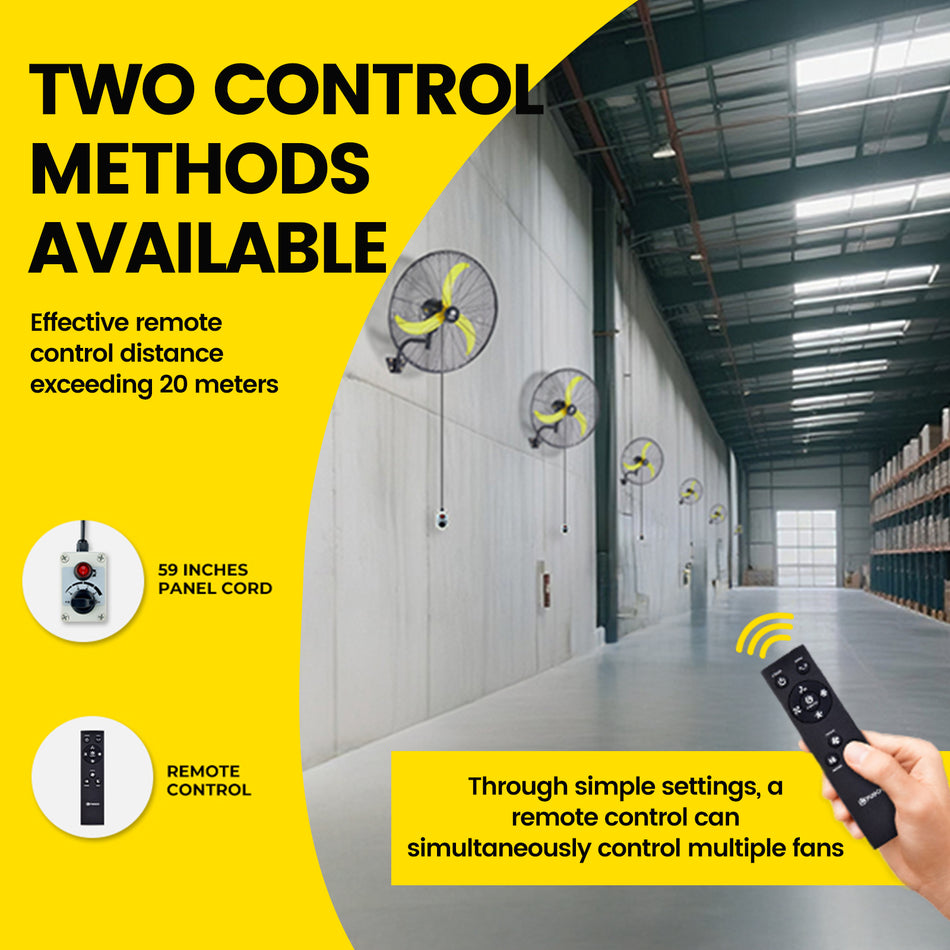 30 in. 4-Speed 90?? Oscillating High Velocity Yellow Indoor/Outdoor Wall Mount Fan, Manual and Remote Control, Sleep Mode