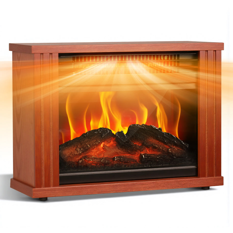 1500W Electric Compact Radiant Infrared Space Heater,Mini Wooden Tabletop Fireplace with 3D Flame,Overheating Protection